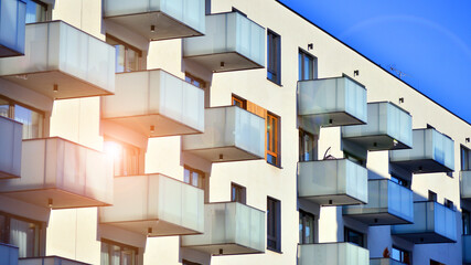 Downtown modern residential architecture. Architectural details of modern apartment building. Modern european residential apartment building complex.