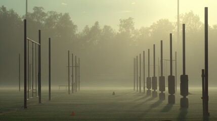 regimen. Training ground at dawn with obstacle courses visible through morning mist. event key visuals, club posters, designed for sports event promotions and stadium branding.