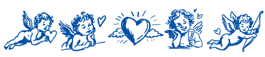 Hand drawn cupid cherub illustrations for valentine designs with hearts bows and romantic symbols