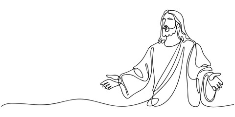 Obraz premium One line drawing of Lord Jesus with outstretched arms. One line vector illustration, continuous line art of jesus christ. one line drawing of lord jesus being crucified on the cross. line art