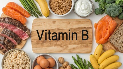 a wooden cutting board with vitamin B written on it and surrounded by food ingredients such as fish, meat, eggs, vegetables and fruit