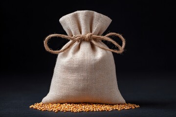 A rustic burlap sack filled with golden corn kernels sits on a dark surface