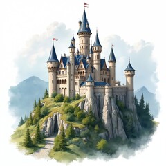 Naklejka premium Watercolor illustration of fairytale castle on hill. Majestic medieval building has towers, blue roofs. Fantasy art depicts old fortress on scenic landscape. Fairytale kingdom in nature.