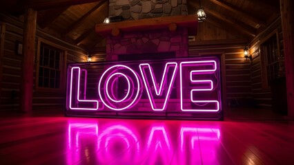 Pink neon sign with the word love in a dark room with wooden walls and a reflective floor