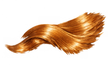 Wavy strand of vibrant ginger hair, showcasing healthy, shiny locks and a rich copper color. Hair care concept