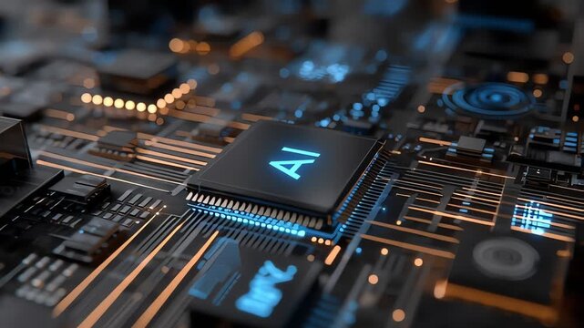 Close-up of a computer chip with AI logo on a circuit board with blue and orange lights