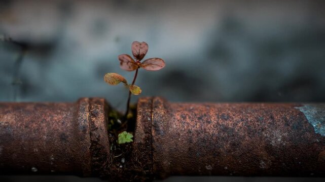Plant growing through rusty pipe demonstrating resilience and nature