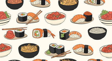 Mouth watering seamless pattern design for japanese cuisine featuring various types of sushi rolls, sashimi, and bowls of noodles on cream.