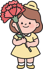 Cute kindergarten girl student in yellow uniform holding a red carnation flower. Parents Day and Teachers Day concept vector illustration.