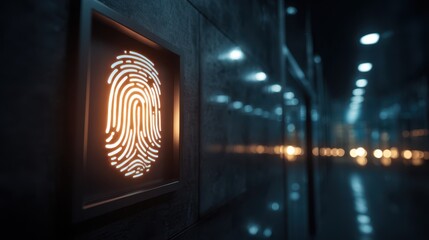 Medium shot of a sleek biometric security entryway with a fingerprint scanner glowing softly highlighting advanced access control technology in a modern building lobby.
