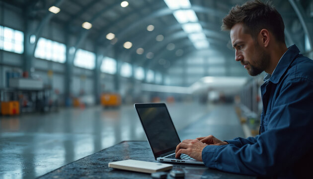 Man works on laptop inside airplane hangar. Technician types on computer near aircraft. Aviation mechanic uses tech for service. Pro checks data for plane. Industry worker does job.