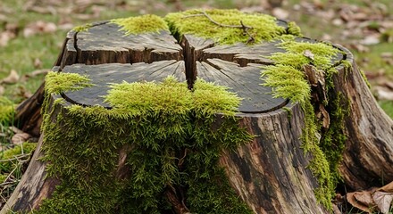 Green moss covers a weathered tree stump with a textured surface.