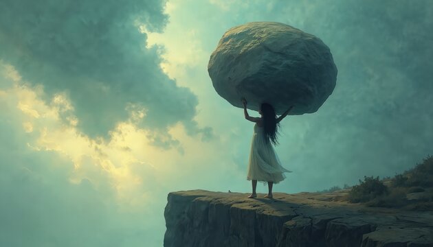 Woman carries giant rock on cliff edge. She is in a long white dress. Heavy burden represents challenge struggle determination or inner strength. Overcoming obstacles is key theme.