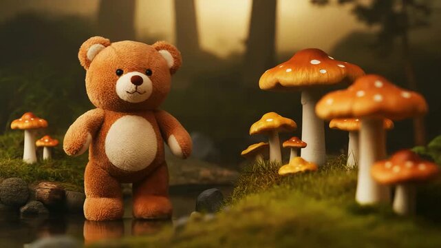 Adorable teddy bear exploring enchanted forest with vibrant mushrooms.