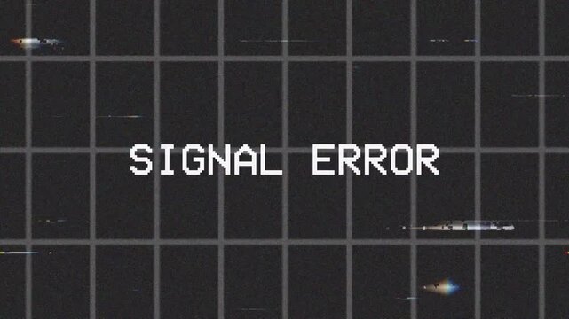 Retro VHS overlay Signal Error text on grey grid pattern with colorful chromatic aberration glitch texture