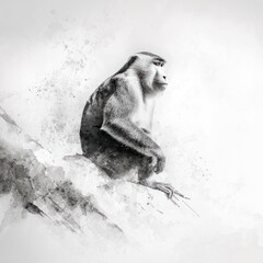 Watercolor painting of primate sitting on a tree branch