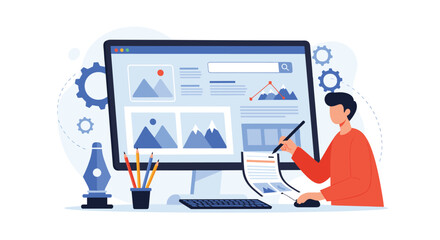 Creative graphic designer working on digital layout projects using computer and pen tablet in professional workspace.