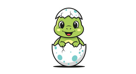 Obraz premium Adorable baby turtle smiling as it hatches from a blue speckled eggshell on white background.