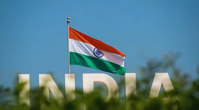 Indian National Flag Flying on Flagpole Against Blue Sky Background
