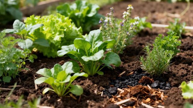 Medium shot of diverse plants thriving in soil treated with sustainable fertilizer alternatives illustrating greener growth and reduced chemical dependency.