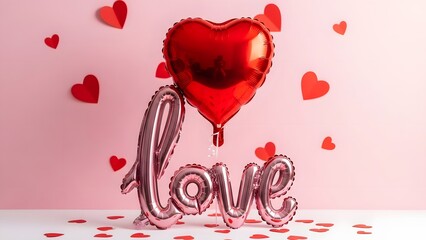 A heartshaped red balloon floats above a shiny silver love sign on a pink background with scattered hearts and confetti