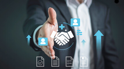 Businessman offering handshake with digital icons of partnership growth and success agreement deal