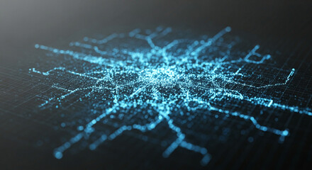 Abstract network with blue connected dots on dark grid background, resembling connection, data flow, or technology structure, suitable for future concepts