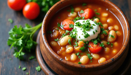 Delicious traditional Greek Fasolada soup in wooden bowl. Tomato bean soup with fresh parsley, sour cream. Healthy vegetarian meal in rustic style. Traditional cuisine concept.