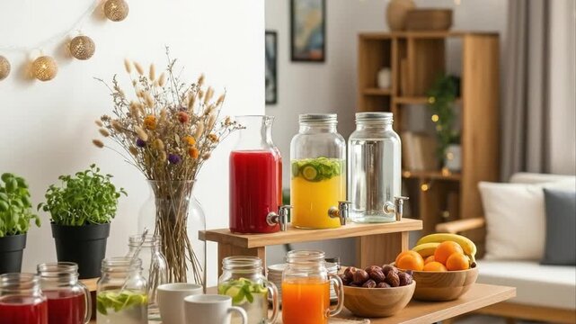 Refreshment station variety of colorful drinks and food on a table