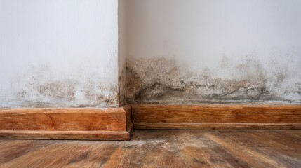 Close-up of interior wall showing extensive black mold growth, with wooden baseboard and floor. Shows the damage