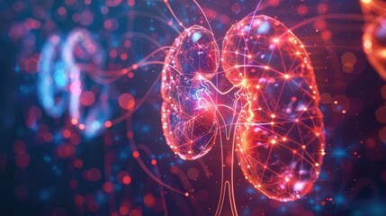 Visualization of glowing human kidneys with a complex network of luminous lines and structures. The construction of the anatomical organ of the human kidney.