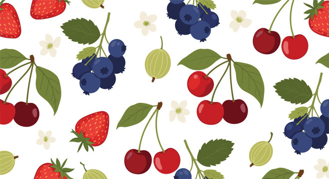 Vibrant seamless pattern of mixed berries including cherries strawberries and blueberries with green leaves and white flowers.