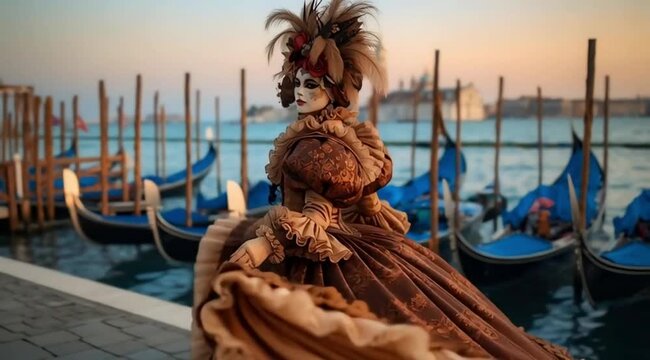 Venice Carnival Performer Wearing Traditional Mask and Costume Near Gondolas in Venice, Italy