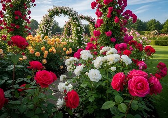 Lush garden arches overflowing with vibrant roses in bloom.