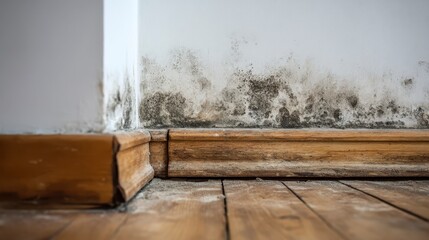 Close-up of wall and baseboard, showcasing mold growth. The floor is wooden. Corner of wall meets baseboard