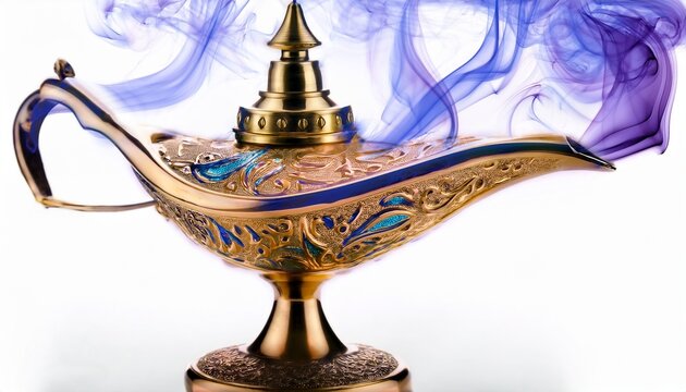Isolated on a white background is an elaborate golden lamp with purple accents and blue smoke.