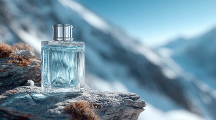 A bottle of perfume sitting on a rock