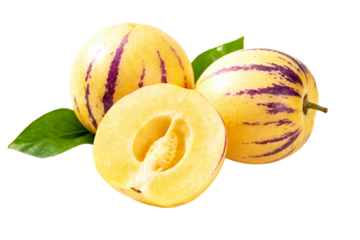 Fresh Pepino Melon with Purple Stripes and Green Leaves