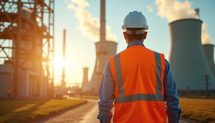 Engineer walks to industrial power plant wearing helmet and vest. Inspector visits powerplant for inspection on sunset. Man goes to modern factory with cooling towers. Pro inspects thermal station.