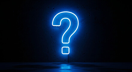 Illuminated blue neon question mark against a dark textured wall, suggesting inquiry, uncertainty, and mystery, perfect for intellectual or conceptual themes