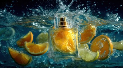 A bottle of perfume with oranges floating in the water