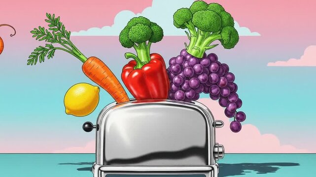 Vegetables emerging from toaster in vibrant animated illustration