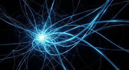 Abstract blue light streaks radiate from central point on a black background with tiny stars, evoking energy, connection, and network complexity