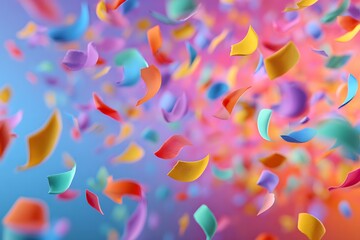 Vibrant colorful confetti pieces floating in mid-air against a gradient background