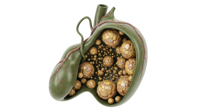 Anatomical illustration of a gallbladder filled with multiple gallstones isolated on a transparent background