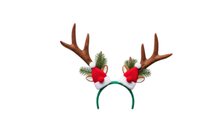 Brown reindeer antlers with red Santa hats and green pine sprigs on headband isolated on a transparent background