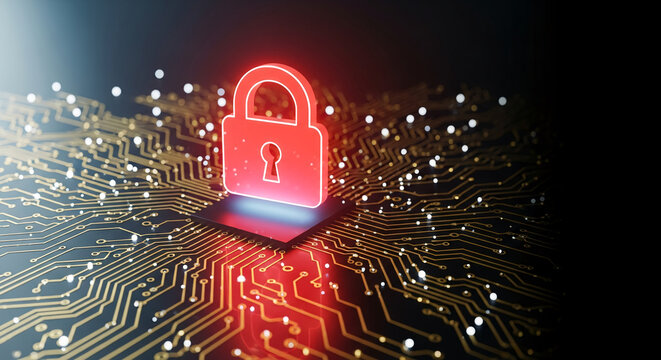 Image shows a red glowing lock on a circuit board, showcasing digital security, data protection, representing cybersecurity, encryption and network safety - Powered by Adobe
