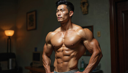 Fototapeta premium Muscular Asian man stands inside room, hands on hips, displaying strong, defined physique. Prominent abs, chest, shoulders, arms. Handsome guy conveys fit body, healthy lifestyle, dedication to gym