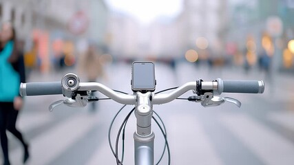 Urban cycling perspective: close-up of bicycle handlebars in busy city setting with blurred background