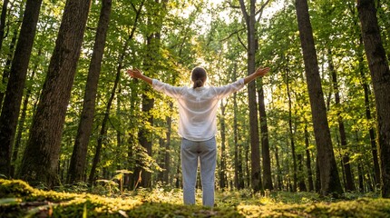 Serene outdoor scene featuring a person standing among lush green trees with sunlight filtering through, showcasing tranquility, nature, and wilderness